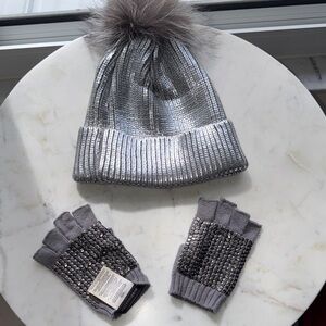 BCBGMaxAzria Silver and Gray Beanie and Gloves Set